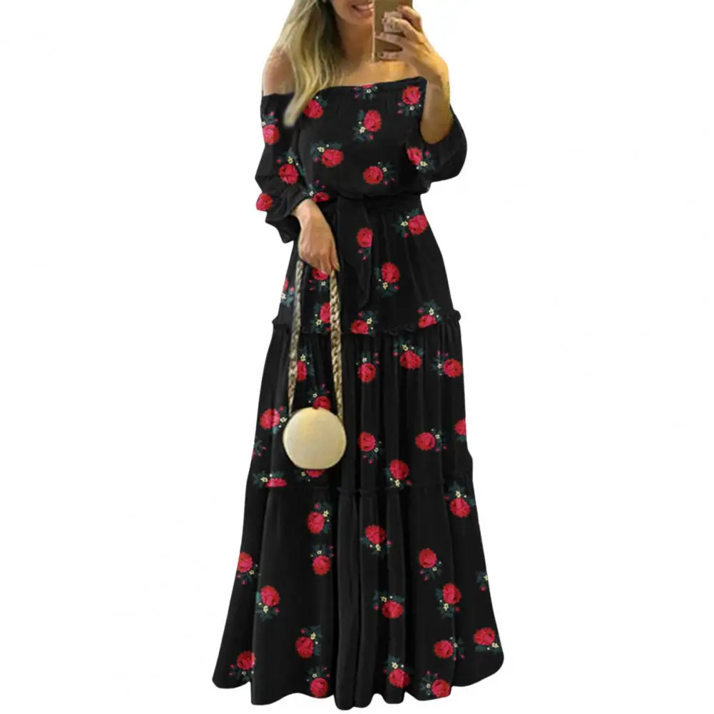 

Платье женское длинное с пышными длинными рукавами, оборками и завязкой на талии, с широким подолом, с открытыми плечами, с цветочным принто...