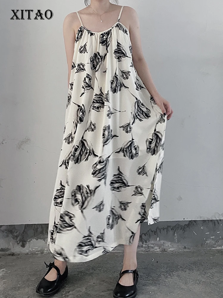 

XITAO Pleated Print Dress Women Korea 2022 Summer New Personality Fashion Loose O-neck Sleeveless Suspenders Dress WMD7146