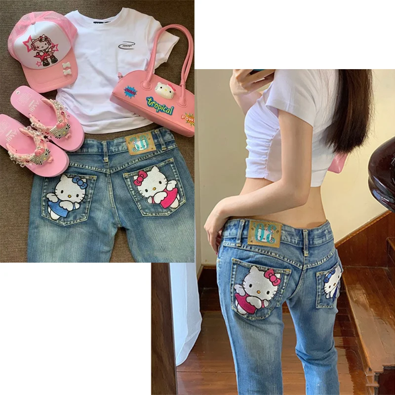 

Японские кавайные Sanrios Hellokittys джинсы для девочек повседневные универсальные аниме милые Мультяшные Сексуальные облегающие брюки в стиле ретро Harajuku Y2k