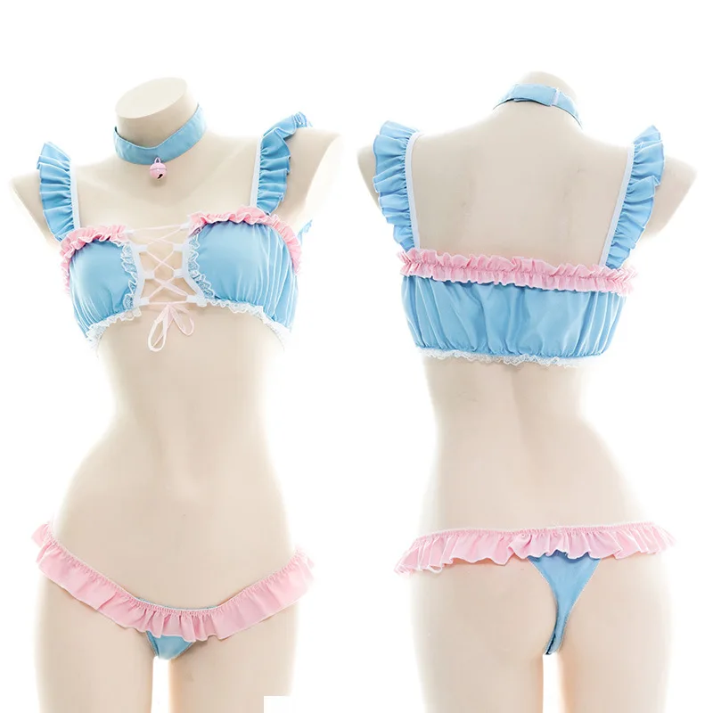 

Sweet Patchwork Lolita Women Bikini Pink Blue Ruffles Hollow Out Cross Bandage Swimsuit Cute Maid Cosplay Costume Beach Wear New