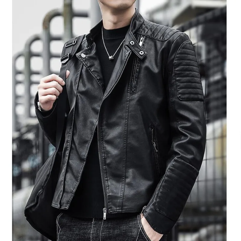

Brand clothing Men Slim Fit Jacket Fashion Solid Color Motorcycle Winter Jackets Chaqueta Hombre Windproof Black Leather Coat