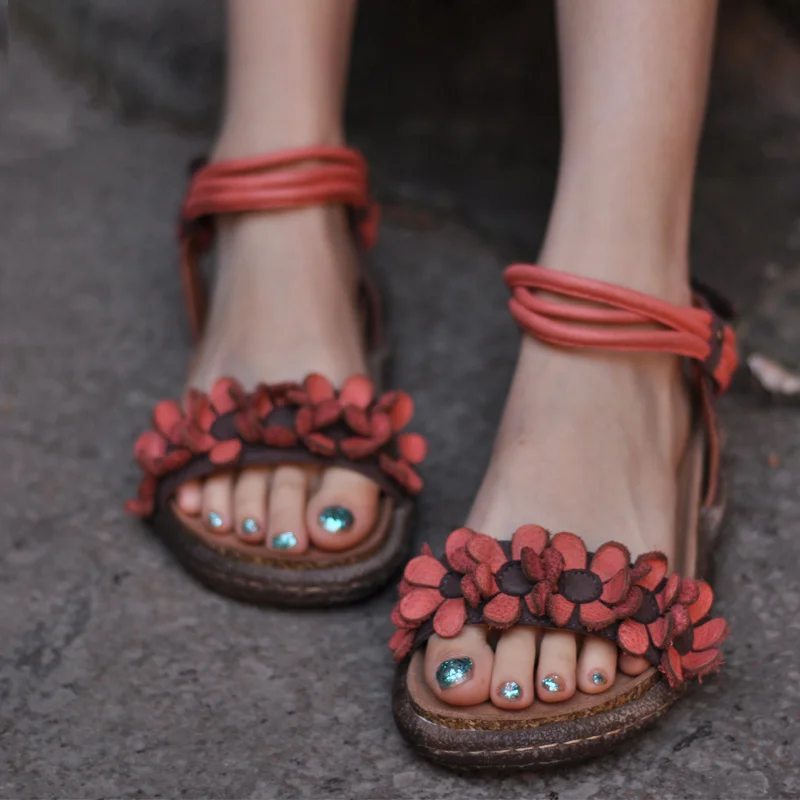 

Сандалии-гладиаторы женские из натуральной кожи, туфли на плоской подошве, роскошные дизайнерские, в ретро стиле, с цветами