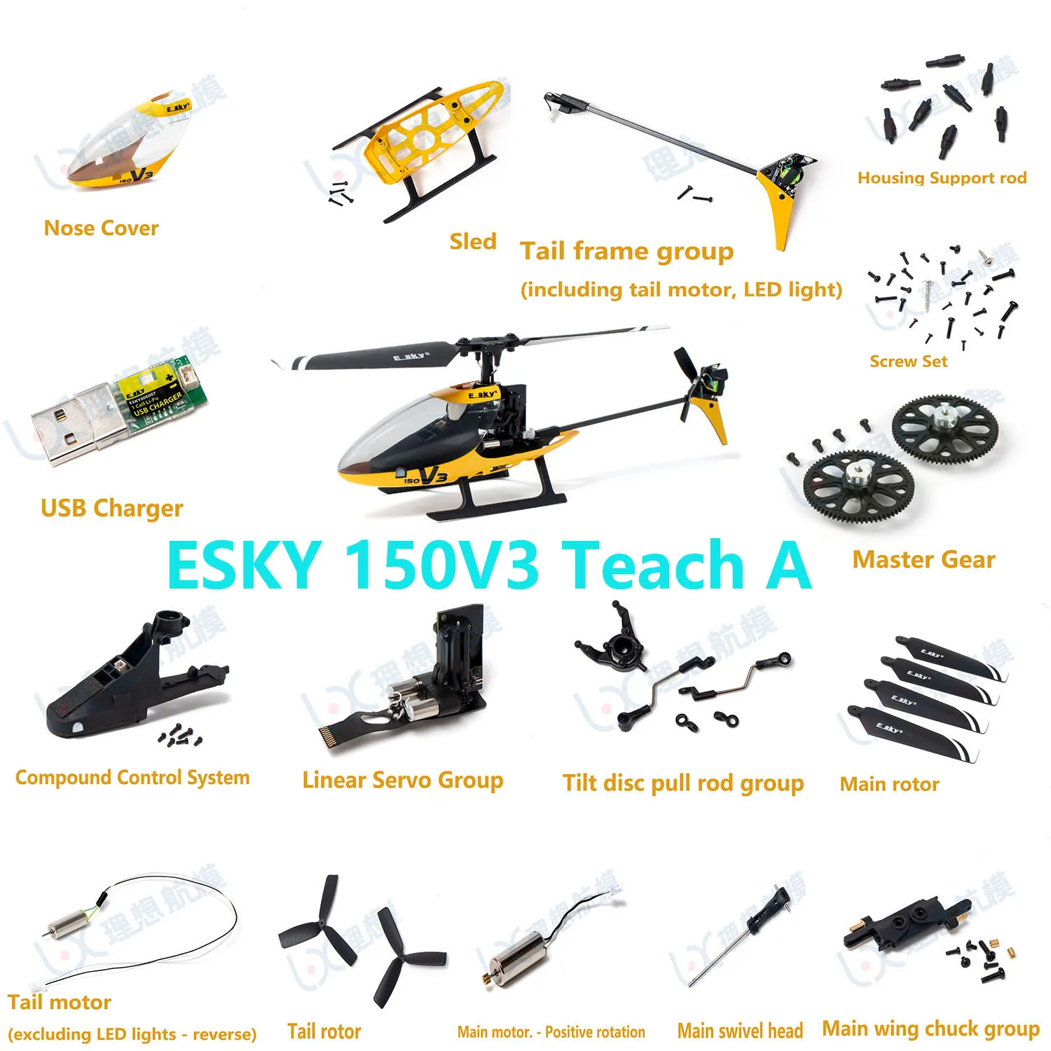 

ESKY 150V3 Teach A RC Helicopter Accessories Complete Nose Hood Pull Rod Motor Propeller Tail Rotor USB Charger Tail Bracket Set