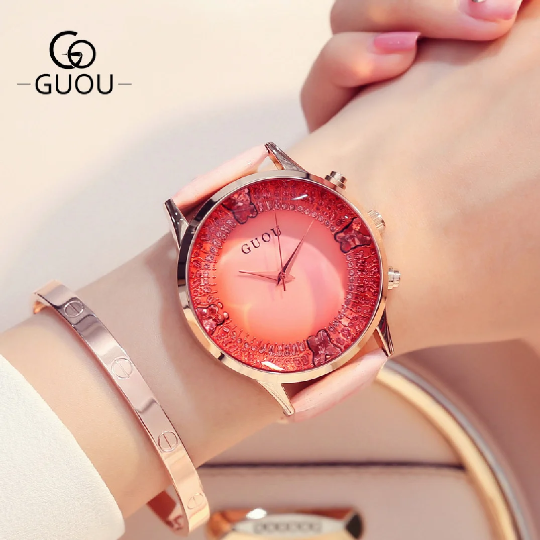 Fashion Guou Hk Top Brand Womens Watches Luxury Big Dial Quartz Genuine Leather Strap Waterproof Casual Gift Clock Reloj Hombr