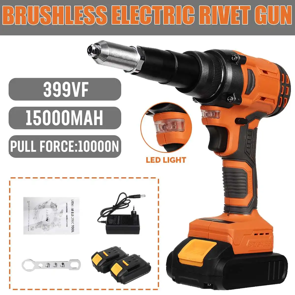 

10000N 21V Brushless Electric Rivet Gun Cordless Rivet Nut Gun Drill Insert Automatic Riveting Tool with 2 Batteries 2.4~4.8mm