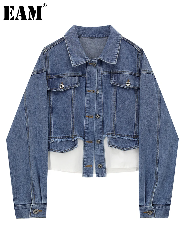 

[EAM] Loose Fit Blue Denim Color-block Big Size Jacket New Lapel Long Sleeve Women Coat Fashion Tide Spring Autumn 2022 1DE6546