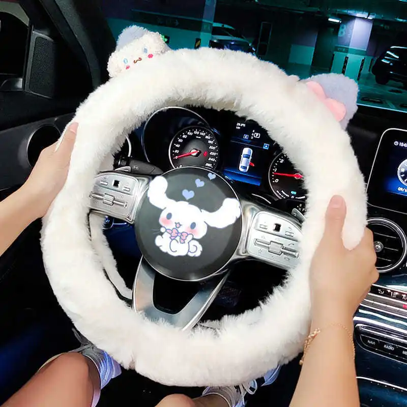 Kawaii Sanrio Car Steering Wheel Cover Hello Kittys Accessories Cute Anime Winter Plush Anti-Slip Warm Decoration Toy Girls Gift