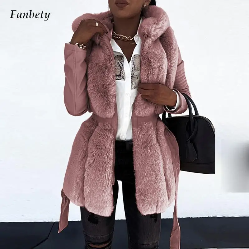 

Elegant Fleece Faux Fur Hooded Jacket Women Fashion Zip Lace-up Solid Midi Coat Casual Long Sleeve Patchwork Leather PU Outwear
