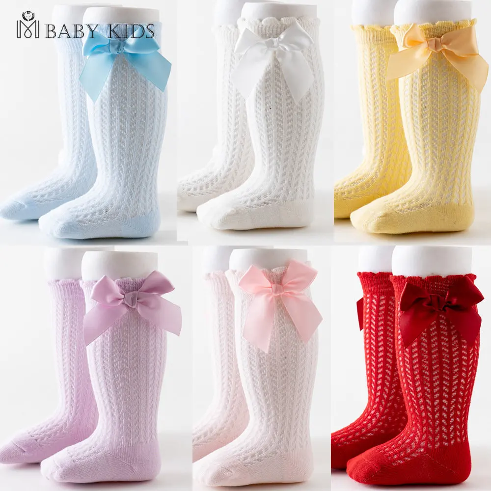 

Детские носки для девочек, сетчатые носки с бантом, детские носки принцессы, носки до колен, тонкие хлопковые носки для новорожденных