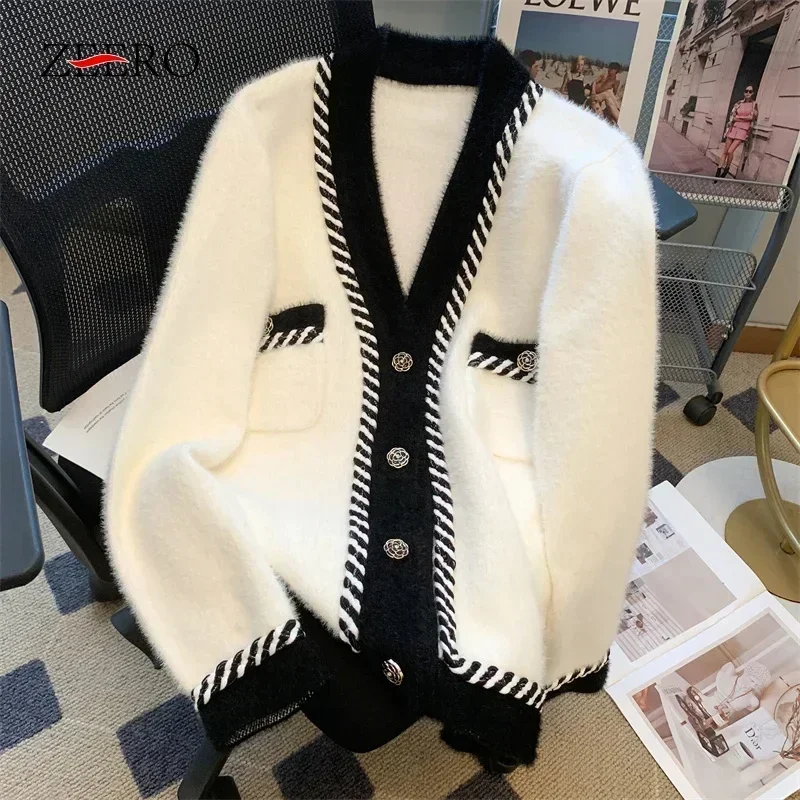 

Женский вязаный свитер с V-образным вырезом, черный кардиган свободного покроя из белой норки с контрастной отделкой, Осень-зима