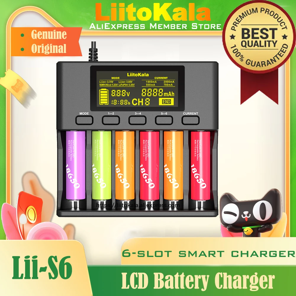 

Genuine/Original LiitoKala Lii-S6 Battery charger 18650 Charger 6-Slot Auto-Polarity Detect For 18650 26650 21700 32650 AA AAA