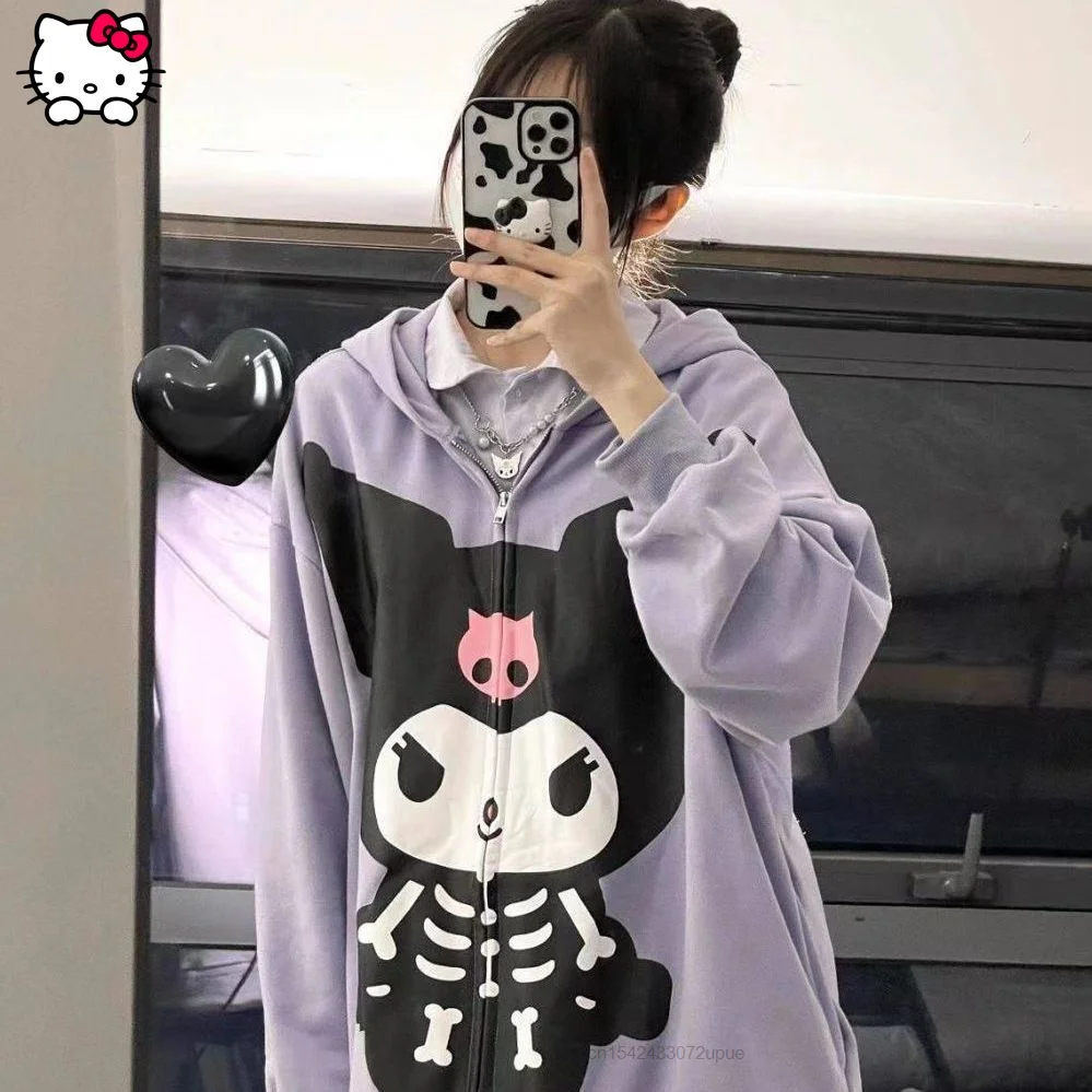 

Streetwear Clothing Sanrio Kuromi Printed Hooded Cardigan Sweater For Men And Women Harajuku Loose Spring And Autumn Thin Coat