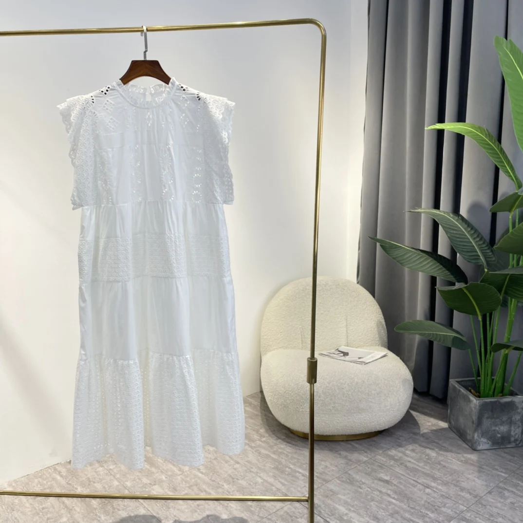 

2022 New Arrival Summer Ladies Sweet Top Quality Poplin Solid White Sleeveless Loose Hollow Out Design Cake Midi Dresses