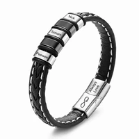prmoo custom name man bracelets personalized black leather engraved symbol stainless steel beads magnetic clasp bangles gifts