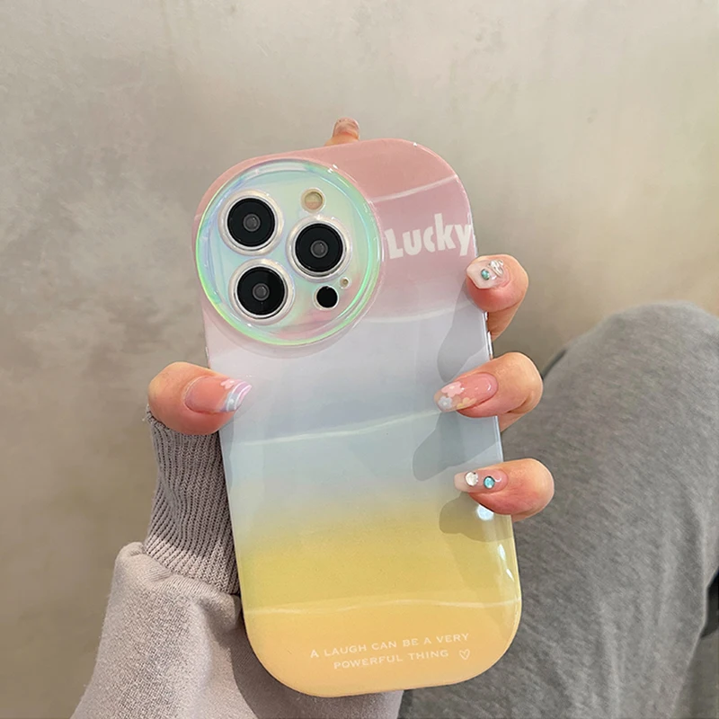 

Rainbow Color Gradual Change Halo Dyeing Phone Case For iPhone 13 11 12 14 Pro Max Shockproof Lucky Cover Funda
