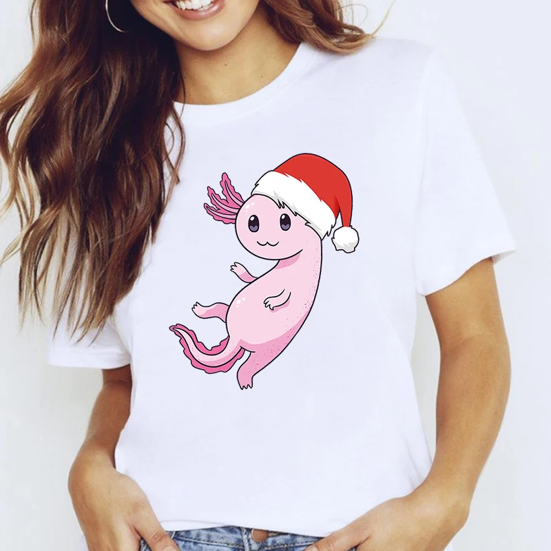 

Cute Kawaii Axolotl Christmas Gift Xmas Funny T-shirt Women Axolotl Graphic Tee O-neck Short Sleeve Shirt Cartoon Women Clothing
