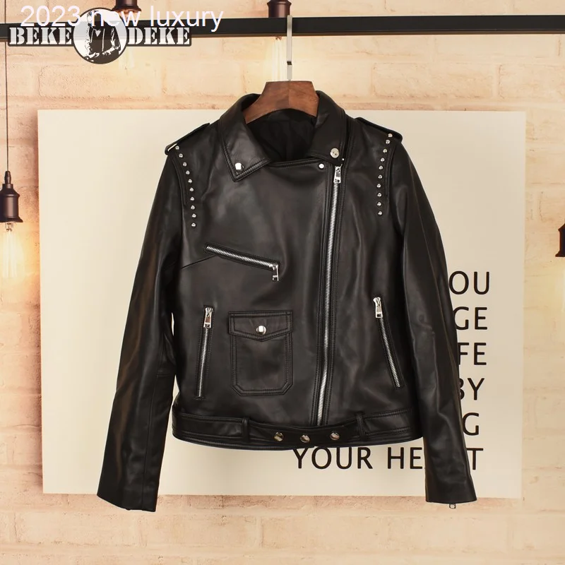 

Women Moto Vintage Biker Natural Sheepskin Coat Zipper Rivets Punk Style Genuine Leather Jacket Female Rock Short Slim Outerwear