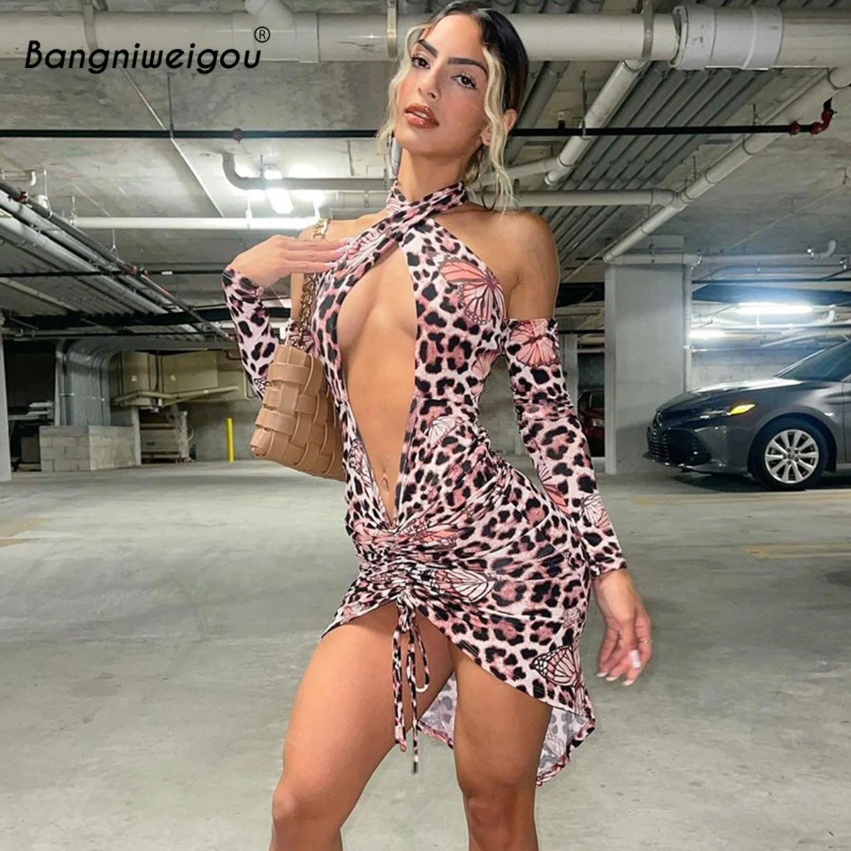 

Bangniweigou Off Shoulder Sexy Low Cut-out Halter Leopard Dress Women Irregular Ruched Club Mini Sheath with Sleeves