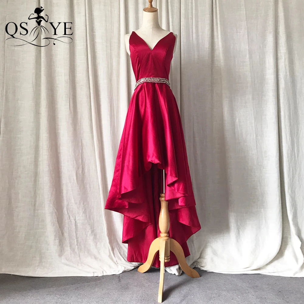 

Red Satin Short Front Long Back Homecoming Dresses Sexy V Neck Prom Gown Crystal Bead Party Dress A line LaceUpBack Evening Gown
