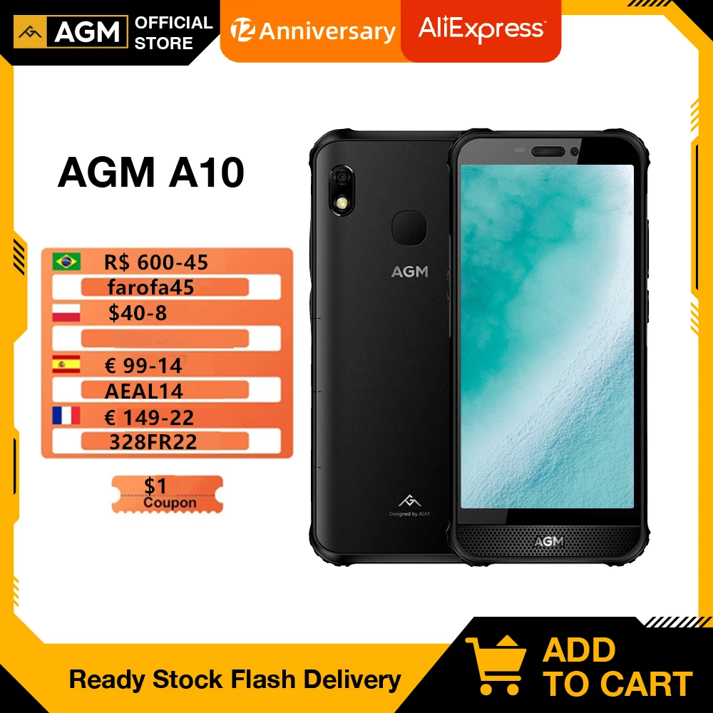 

Прочный телефон AGM A10 4 Гб 64 ГБ Android™Прочный смартфон 9 4G, мобильный телефон 5,7 дюйма, фронтальный динамик IP68, водонепроницаемый телефон