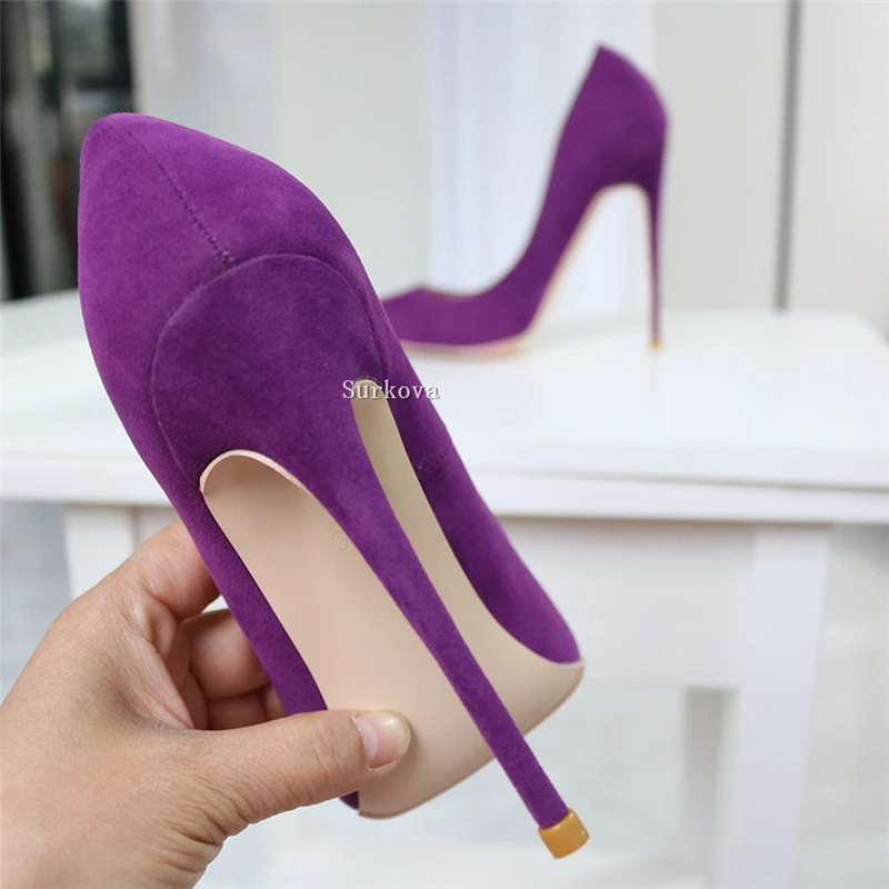 Sexy Ladies Pointed Toe Slip On Pumps Thin High Heels Party Stiletto Sandals Plum Black Colored Faux Suede Shallow Wedding Shoes