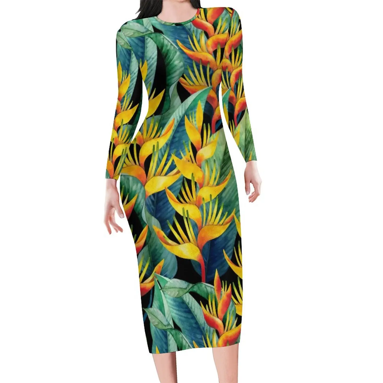 

Тропическое облегающее платье, Осенние красивые платья с акварельным рисунком Heliconia, женское уличное платье большого размера 4XL 5XL с длинным...