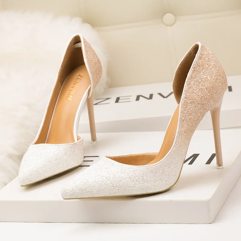 

Fashion Women Pumps Metal Sweet Shallow Pointed Toe Side Cutout Sequins Office Dress Shoes Party Thin High Heels Elegant Pumps