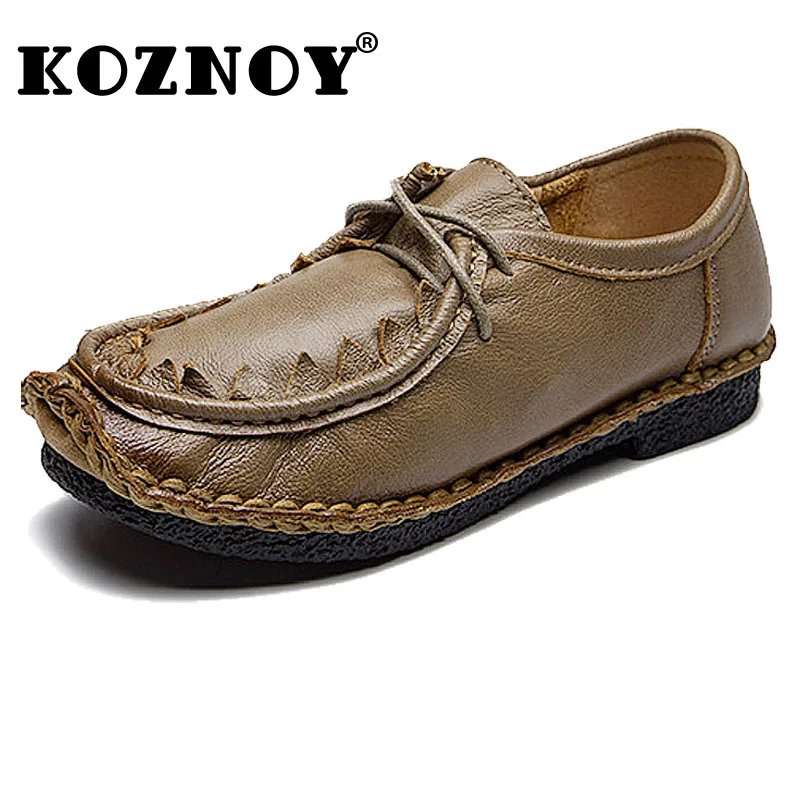 

Koznoy 3cm Vintage Ethnic Autummn Spring Handmade Genuine Leather Women Leisure Flats Oxford Loafers Lace Up Soft Casual Shoes