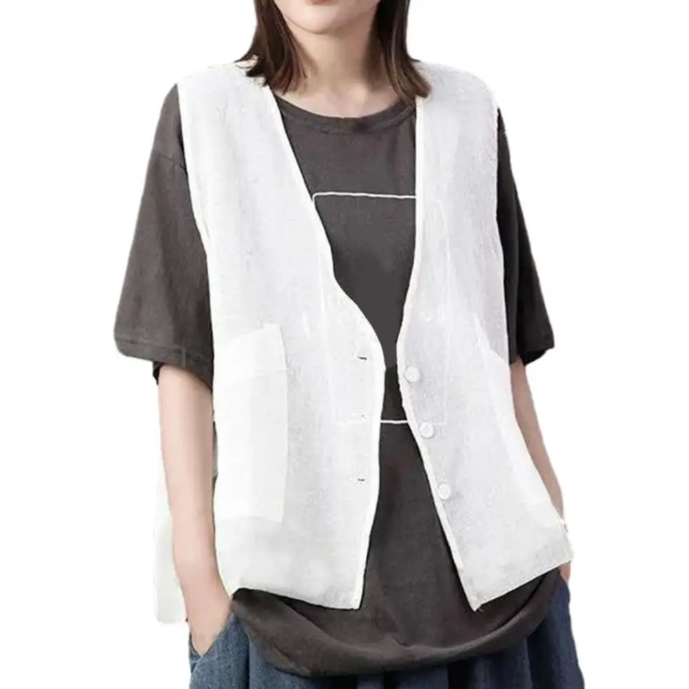 Халко без рукавов для женщин кардиган fino прозрачный cuello en V suelto bolsillos de parche большие