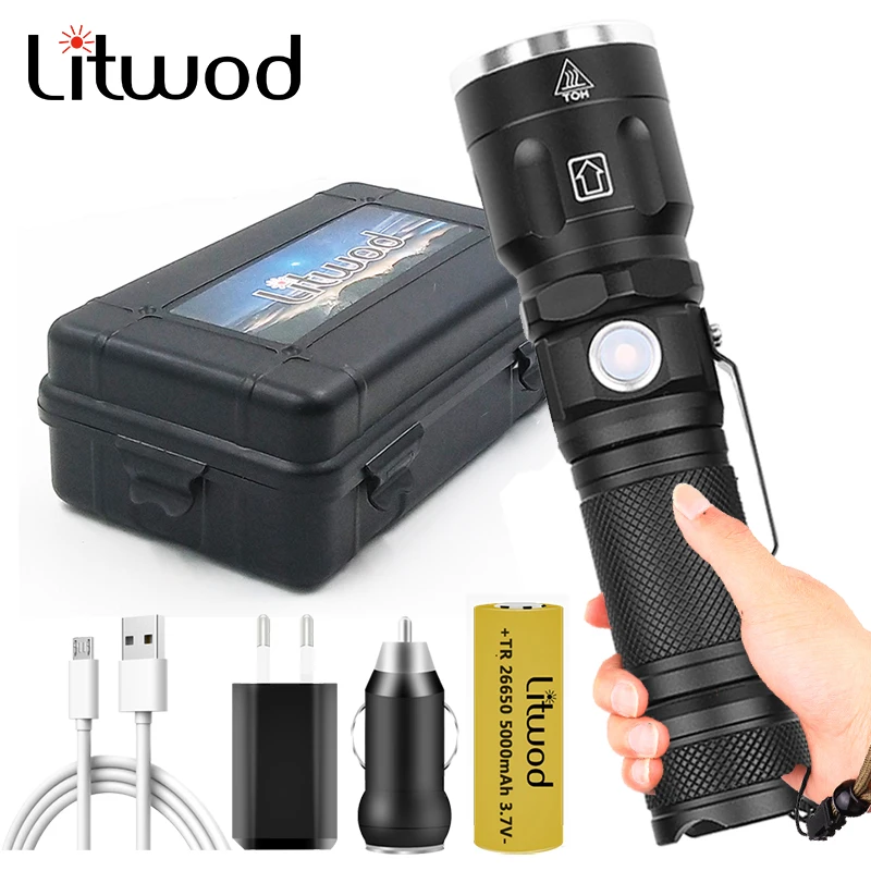 

Led Flashlight 18650 or 26650 Rechargeable Battery Bulbs Zoom in Flash Light Torch Shock Resistant Hard Light Self Defense XHP70