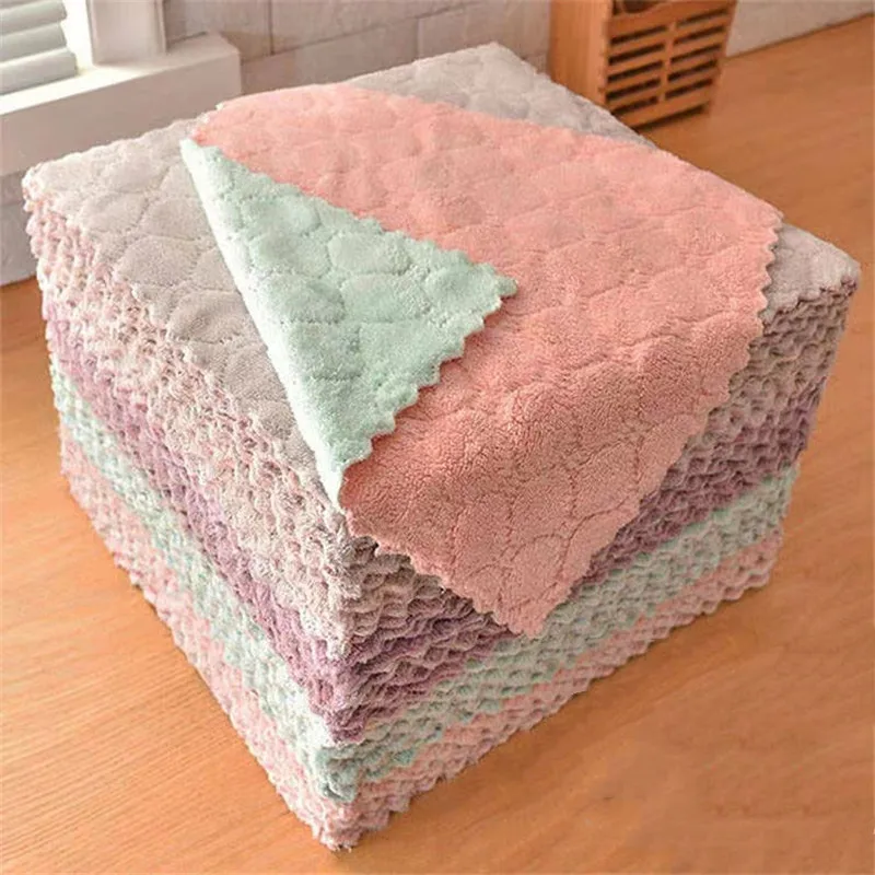 

Kitchen Cleaning Rag Solid Color Double-sided Strong Water-absorbing Non-oily Dish Towel Dry and Wet Scouring Pad