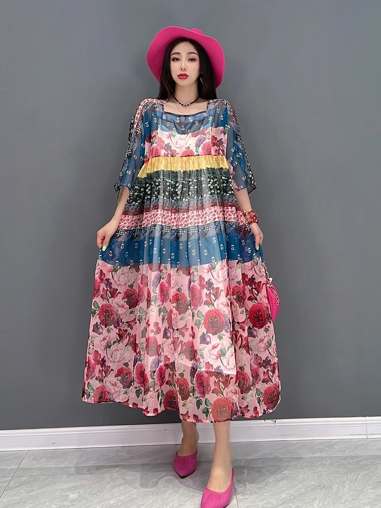 

SuperAen 2022 Summer New Fashion Casual Chiffon Print Stripe Loose Oversized Square Collar A-LINE Dresses Women