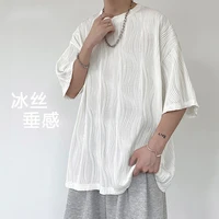drape pleated ice silk oversize fashion o neck men sweatshirt 2022 summer short sleeve street casual clothes korean harajuku top