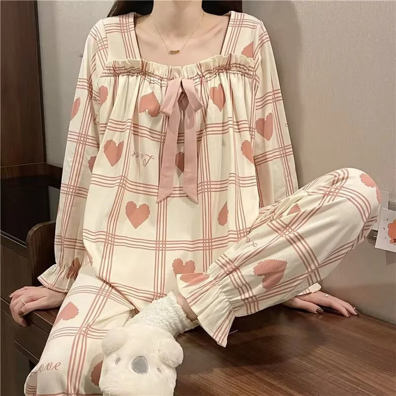 Women's Pajamas Set Sweet Bow Cartoon Love Pattern Print Cute Princess  Spring Pyjama Loose Size Mom Homewear Cozy Sleepwear
