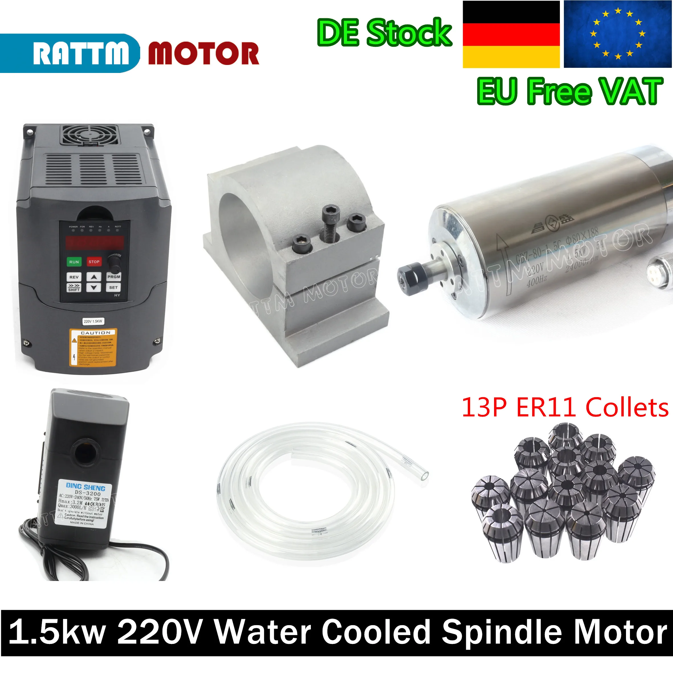 

1.5kw ER11 Water Cooled Spindle Motor & 1.5kw Inverter VFD & 80mm Clamp & 75W Pump & ER11 collet (1-7mm) for CNC Router【EU Free】