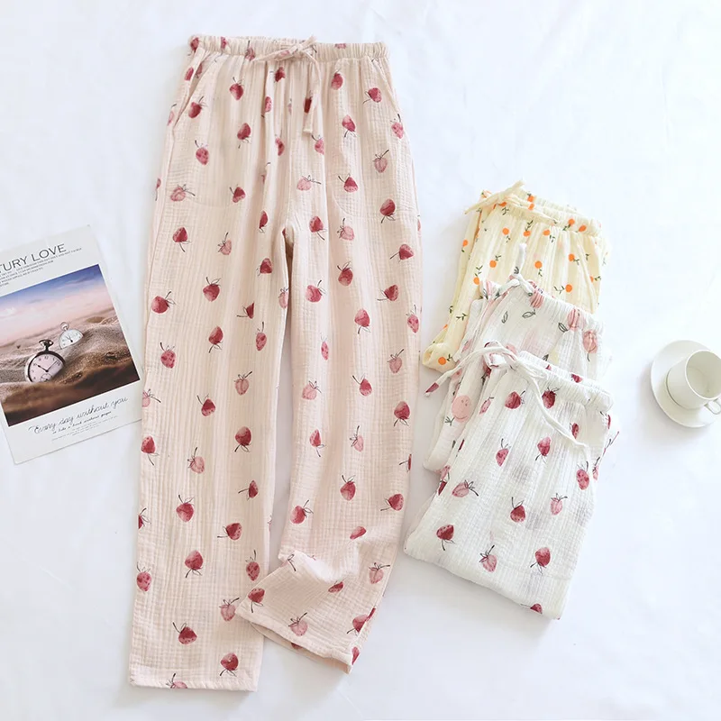 Fdfklak Cotton Gauze Pajamas Pants Printing Sleep Bottoms Spring Summer Lounge Wear Sleepwear Loose Comfortable Trousers