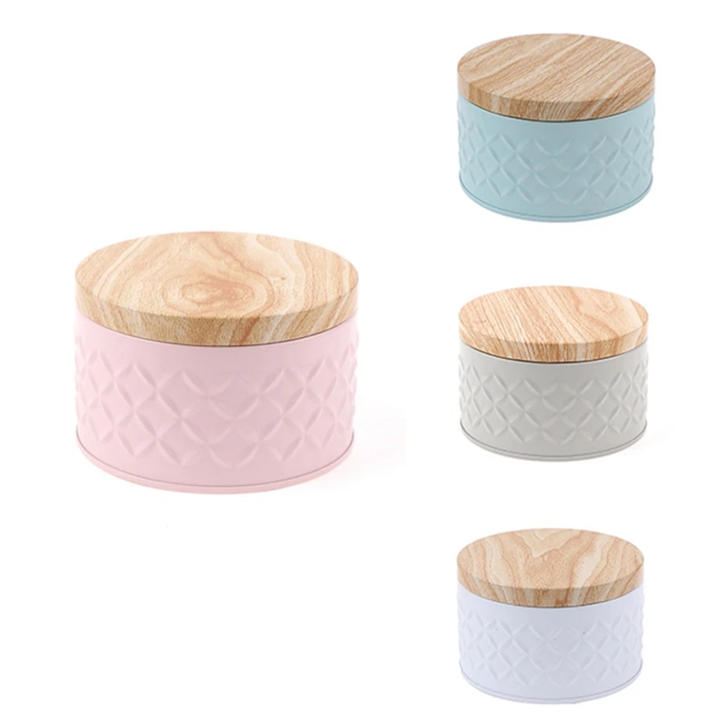 

Round Empty Iron Box With Wood Grain Lid Candy Storage Box Cookie Box DIY Candle Making Jar