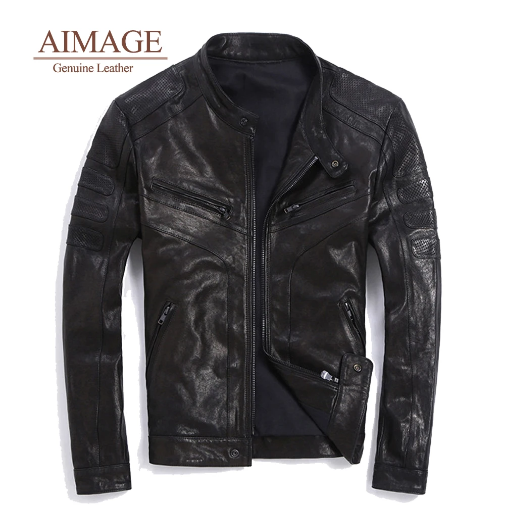 

100%Natural Sheepskin Jaqueta Couro Legítimo Masculino Moto Biker Jackets For Men Geniune Leather Chaqueta De cuero Hombre PY322