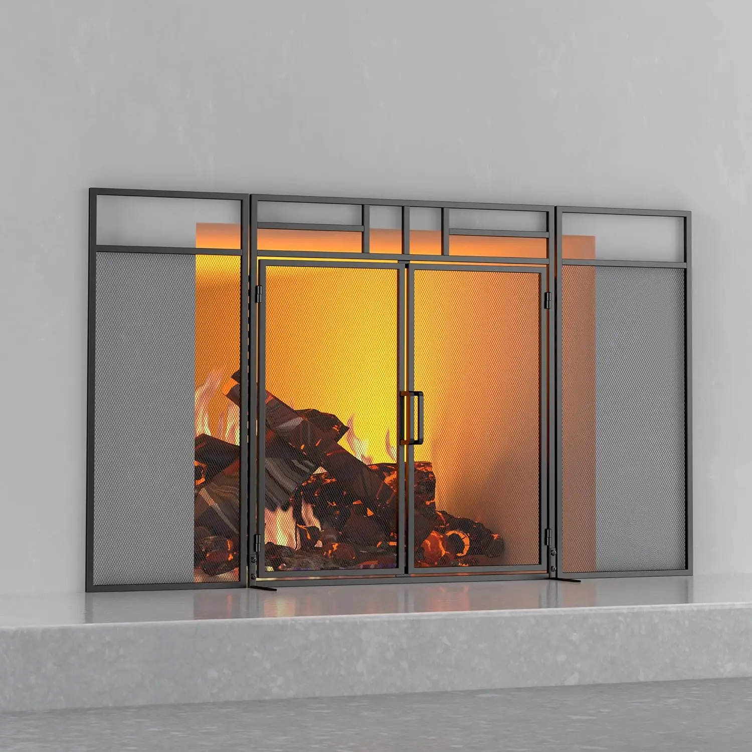 

Folding Fireplace Screen with magnetic Hinged Doors, Solid Wrought Iron Panels Fire Spark Guard