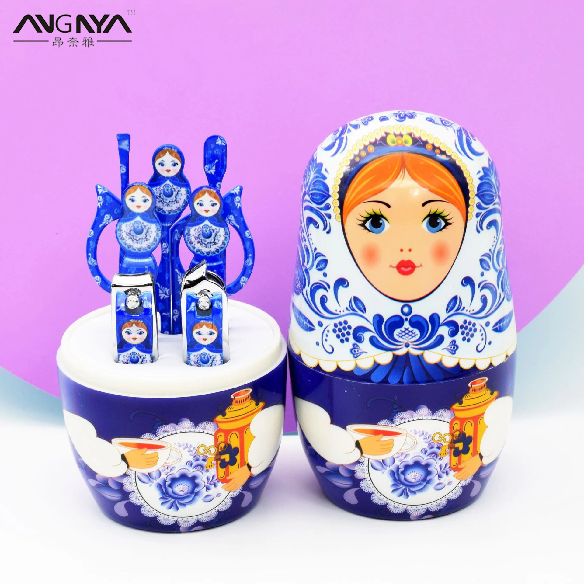 

ANGNYA Fashion 7Pcs/Set Russian Dolls Manicure Cleaner Boxes Cuticle Clipper Stainless Steel Kits Pedicure Pro Nail Salon Tool