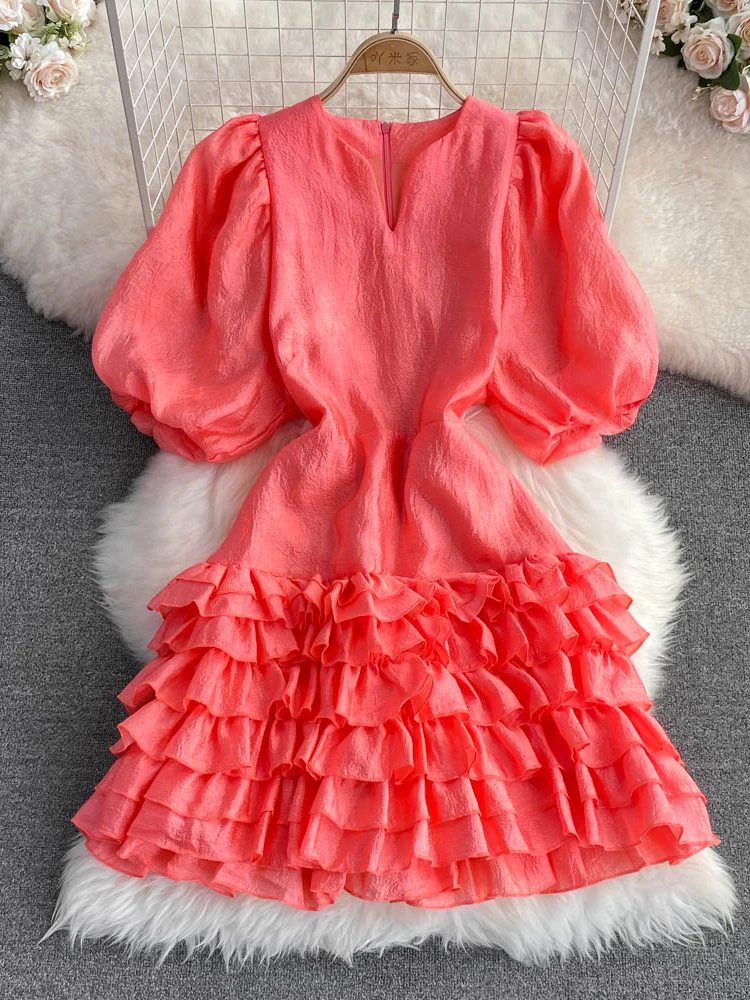 

Women Elegant Party Dress Summer Jacquard Puff Sleeve Ruffle Short Dresses Woman Vintage A Line Casual Short Prom Dress