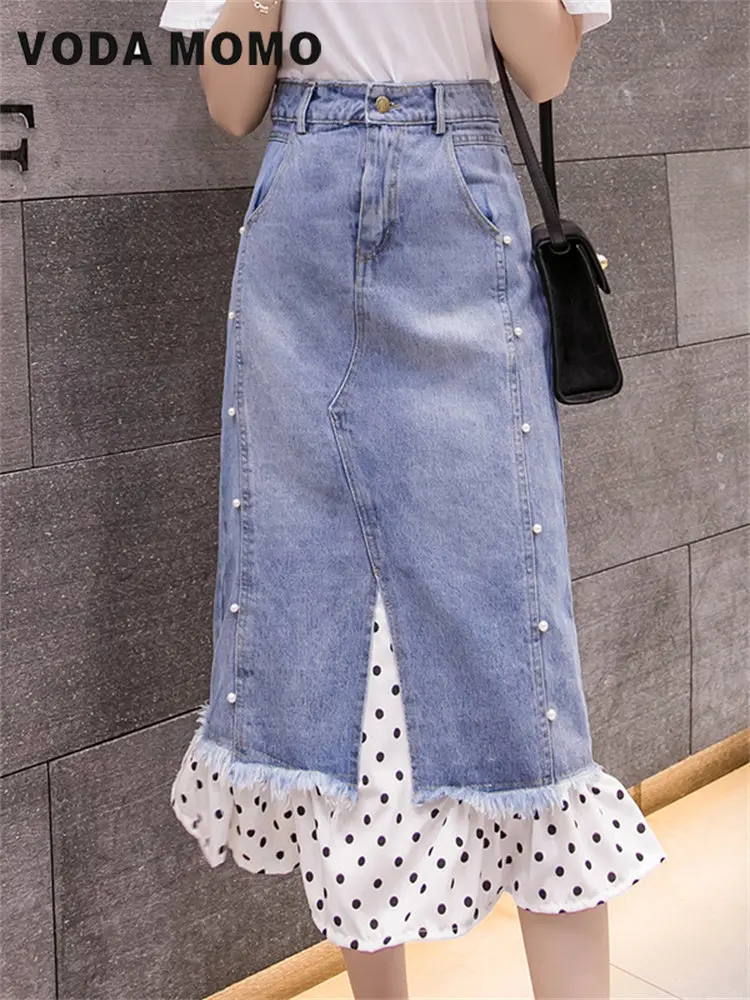 

Korean Vintage Spring Summer Long Mid-calf Denim polka dots Patchwork Skirt For Women High Waist Summer A-line Commuting wind