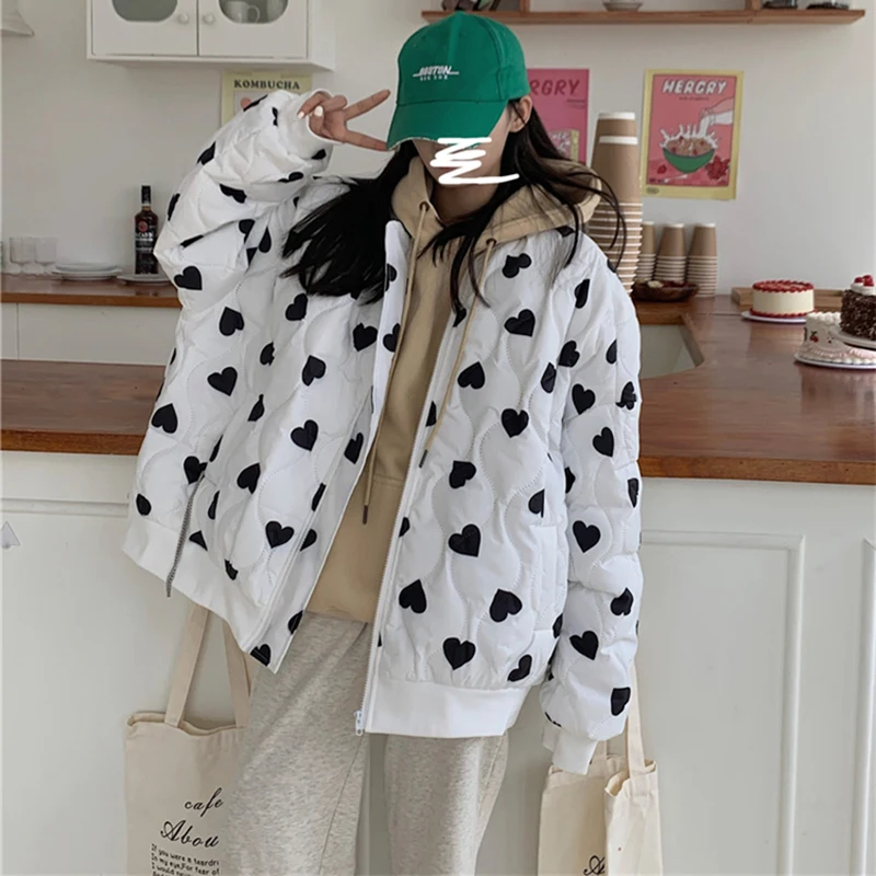 Autumn and Winter Parka Coat Love Printing Cotton Jacket Female 2022 New Korean Warm Loose Harajuku Zipper Jacket Women Clothing