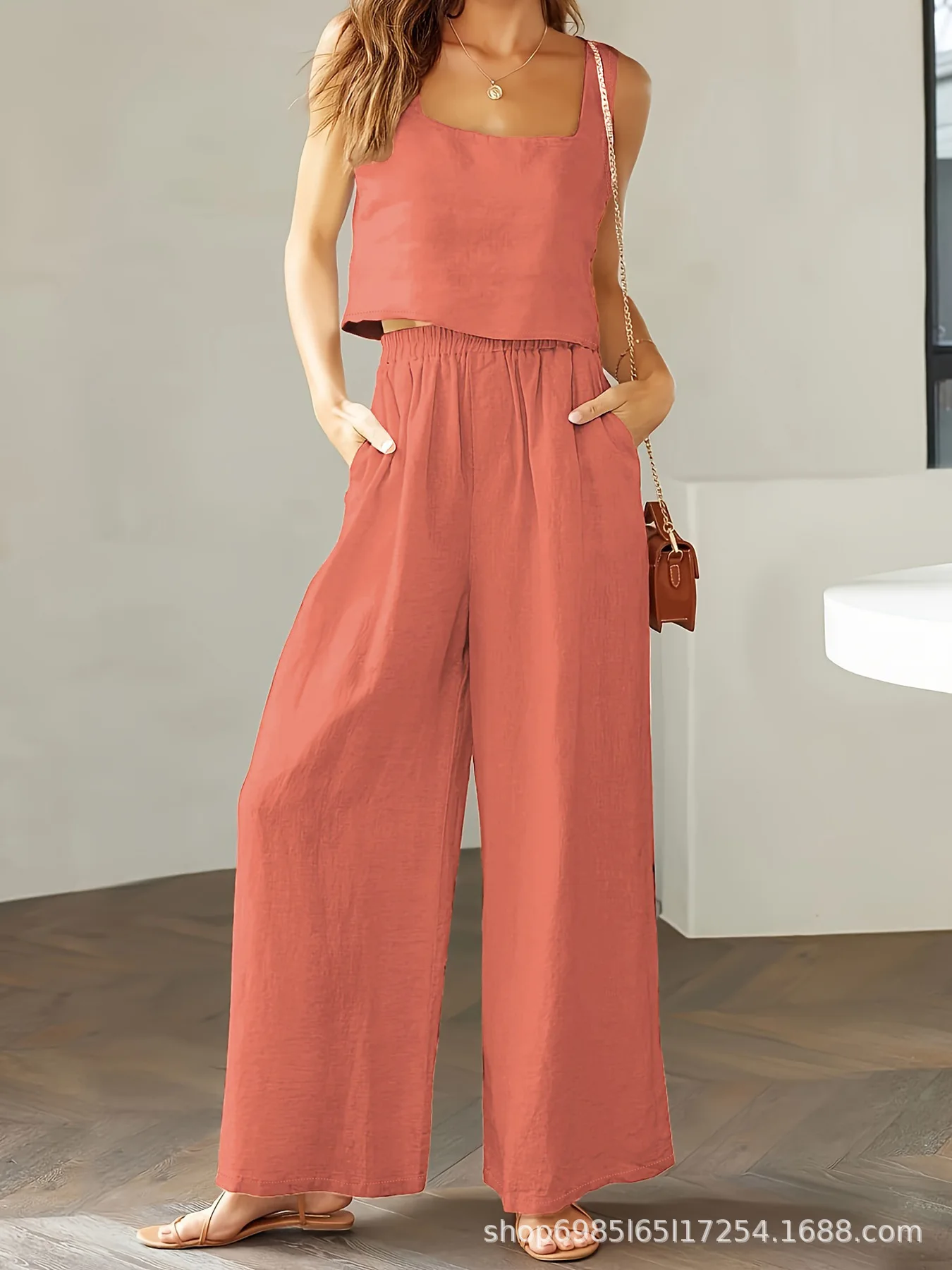 Женский комплект из 2-х предметов летний льняной Топ без рукавов с квадратным