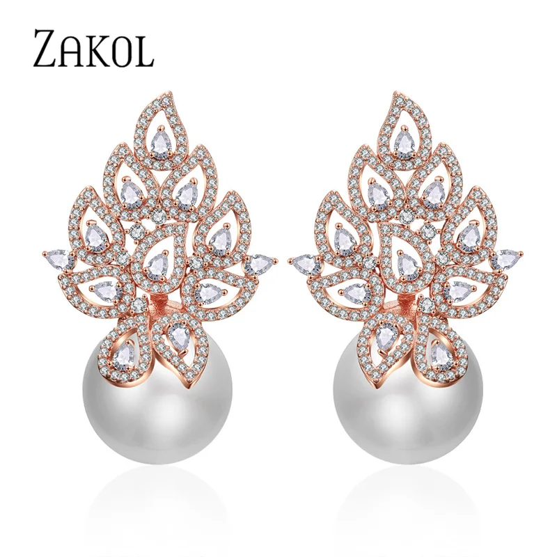 

ZAKOL Imitation Pearl Leaf Collection Full Micro Cubic Zirconia Pave Women Bridal Engagement Earring Jewelry Addiction EP2290