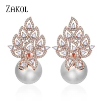 zakol imitation pearl leaf collection full micro cubic zirconia pave women bridal engagement earring jewelry addiction ep2290