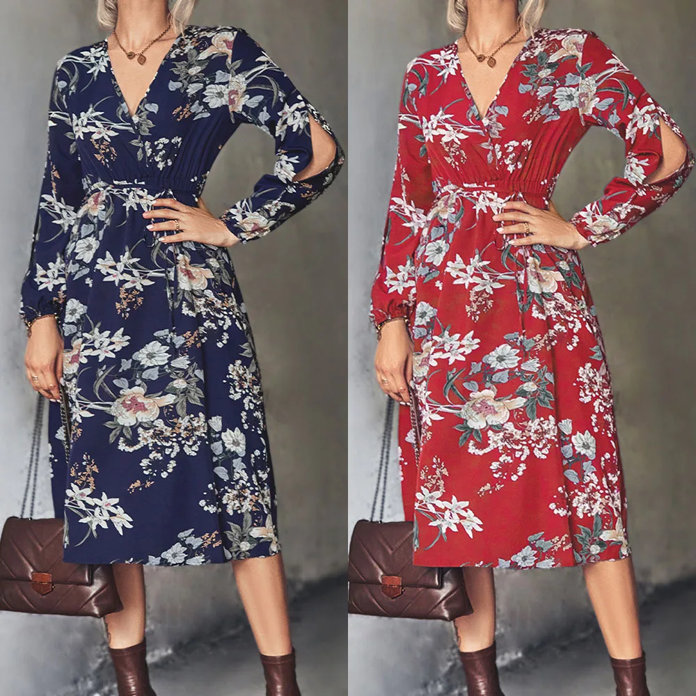 

Brand New Spring Autumn Women Red Floral Print Dresses Sexy Boho Beach Fashion V Neck Hallow Lace Up Long Sleeve Dress Vestidos