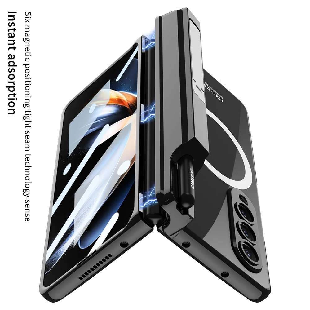 Electroplated Magnetic Hinge Pen Holder Case For Samsung Galaxy Z Fold 4 Case Wireless Charging With Glass Film Cover For Fold4