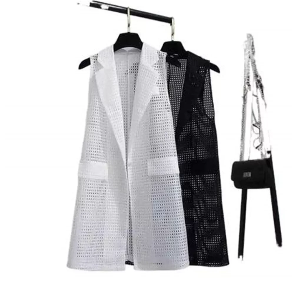 

New2022 Size M-3XL Women Black Long Hollow Vest Coat Europen Style Waistcoat Sleeveless Jacket Large Outwear Top Vest Roupa Fema
