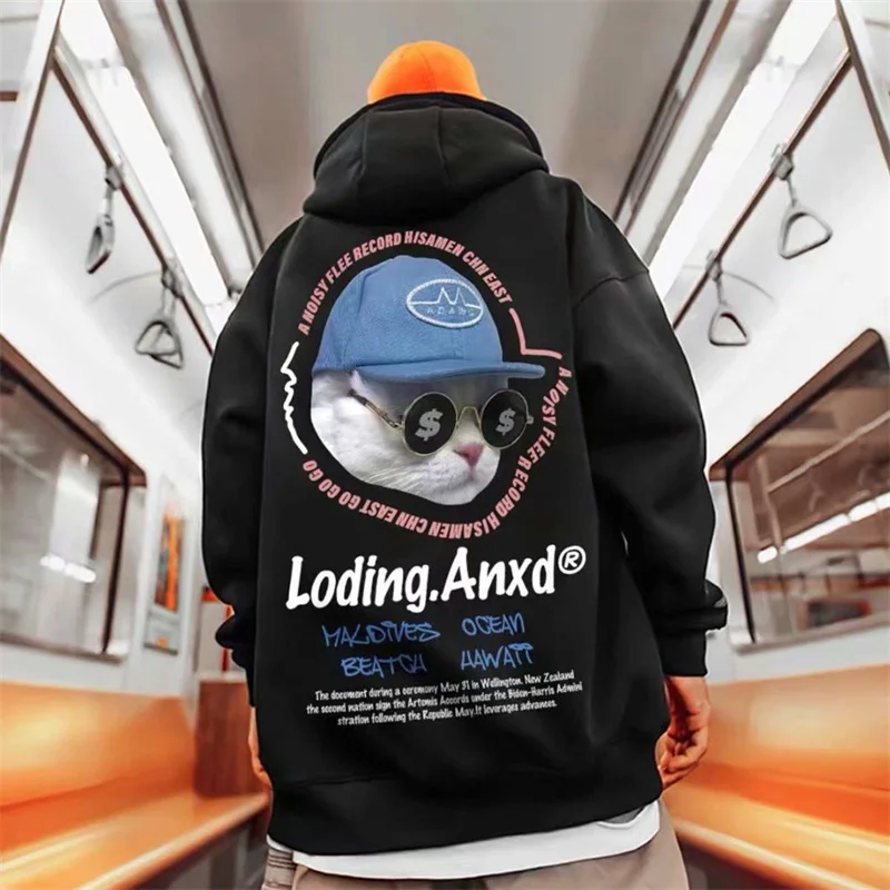 

Autumn emo Cat Graphic Hoodie Sweatshirt Mens and Womens Retro Oversize Casual Hoodies Harajuku High Street Pullover Hoody